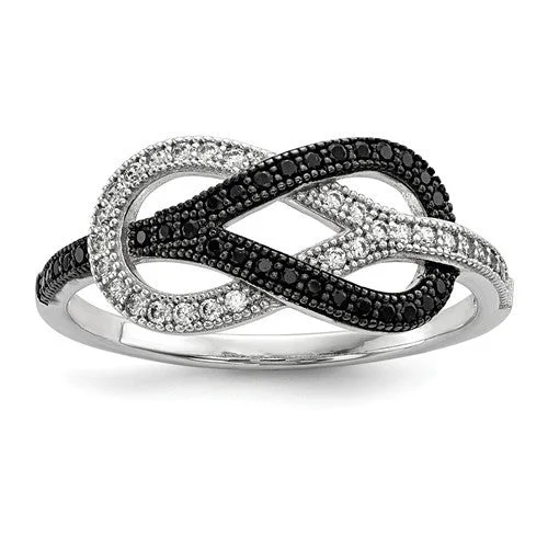 Ladies rustic leather rings -Sterling Silver Black & White Pave CZ Brilliant Embers Infinity Knot Ring