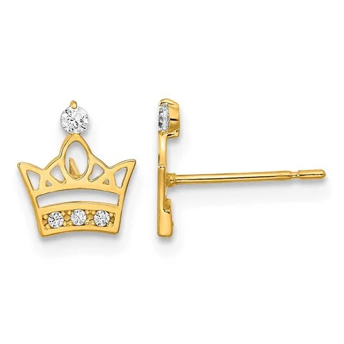 Ladies bespoke custom earrings -14k Yellow Gold Solid Madi K Youth CZ Crown Post Earrings