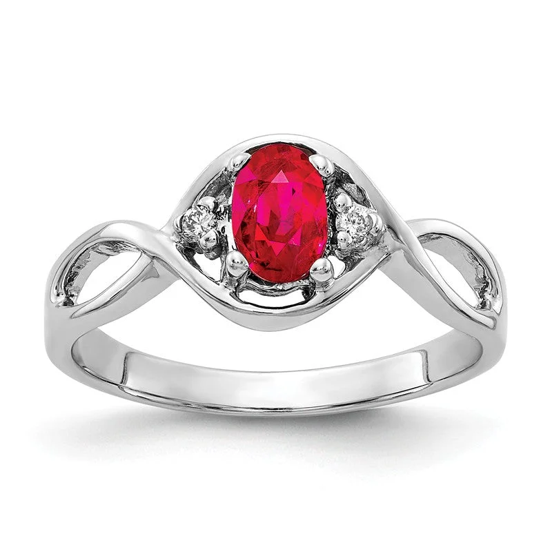 Ladies lush green rings -14k White Gold 6x4mm Oval Ruby and Diamond Infinity Style Ring