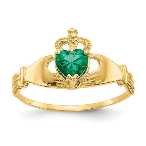 Ladies breezy summer rings -14k Yellow Gold Green Heart Polished Claddagh Ring