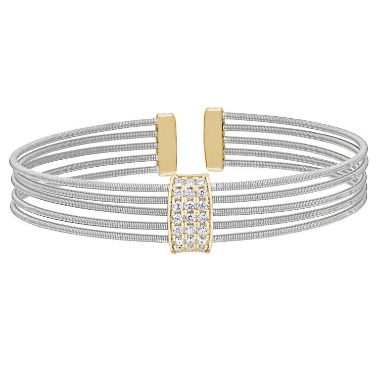 Ladies Bracelets for Date Glow-Rhodium Finish Sterling Silver Multi Cable Cuff Bracelet with Gold Finish Simulated Diamond Three Rows