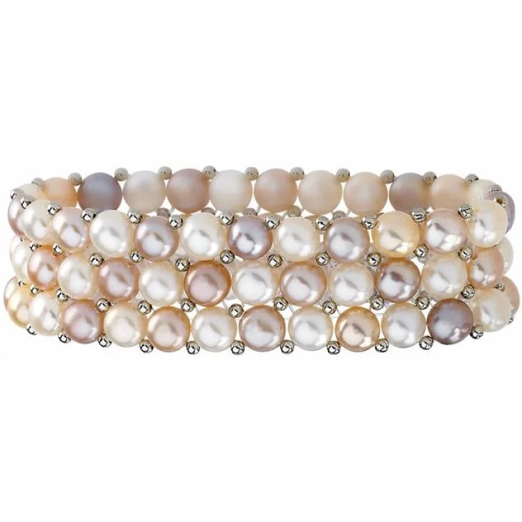 Ladies Bracelets for Music Spark-Sterling Silver Freshwater Cultured Natural Multi-Colored Pearl 3 Row Stretch Bracelet