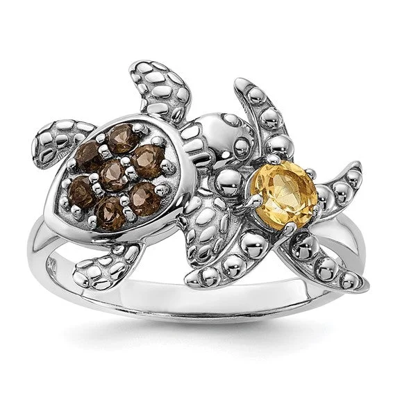 Ladies oval charm rings -Sterling Silver Smoky Quartz and Citrine Turtle and Starfish Ring