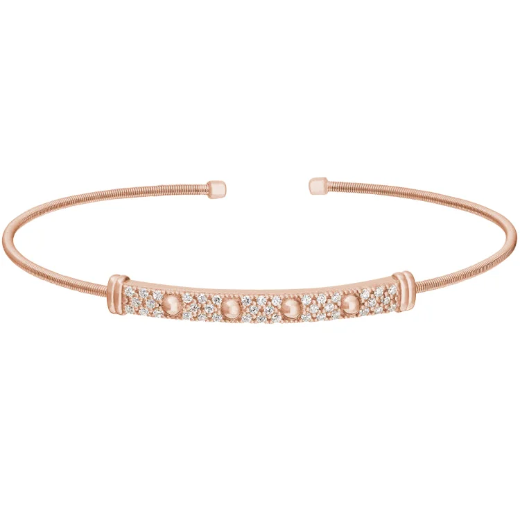 Ladies Bracelets for Volunteer Glow-Rose Gold Finish Sterling Silver Cable Cuff Bracelet with Four Beads & Simulated Diamonds