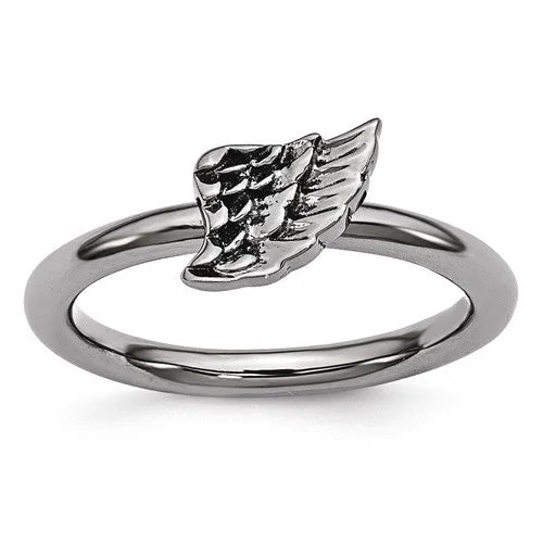 Ladies luminous crystal rings -Sterling Silver Stackable Expressions Black Plated Angel Wing Ring