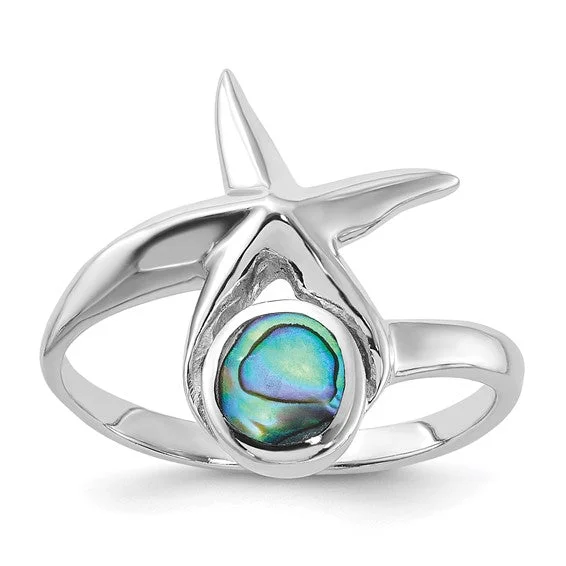 Ladies cocktail dazzle rings -Sterling Silver Round Abalone with Starfish Ring