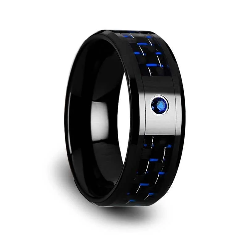 Ladies round glow rings -Thorsten ODELL Black Ceramic Ring Black and Blue Carbon Fiber Blue Sapphire Setting - 8mm