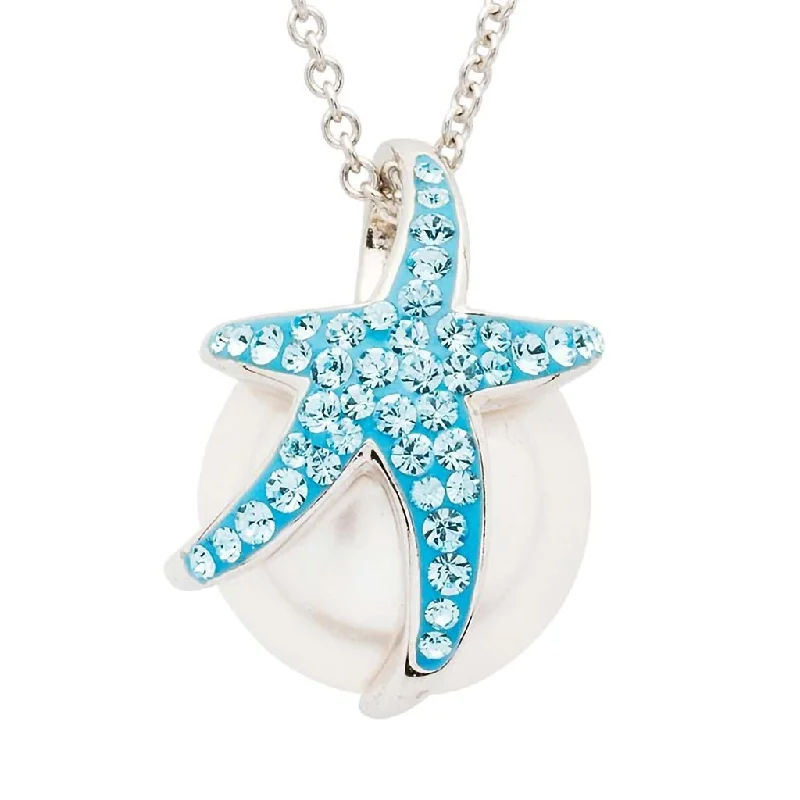 Ladies Necklaces with Red Pyroxmangite-Ocean : Sterling Silver Pearl with Aqua Crystal StarFish Necklace