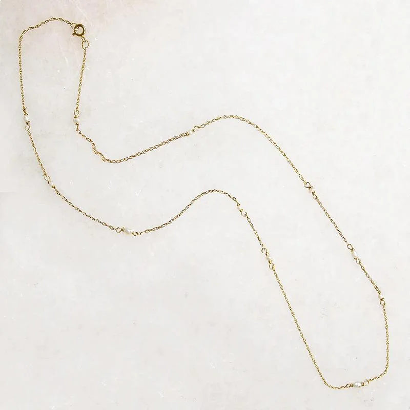 Ladies Necklaces for Night Shine-Tiny Pearl Stations Gold Necklace by brunet