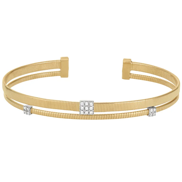 Ladies Bracelets with Orbit Glow-Gold Finish Sterling Silver Two Cable Cuff Bracelet with Rhodium Finish Simulated Diamond Square and Round