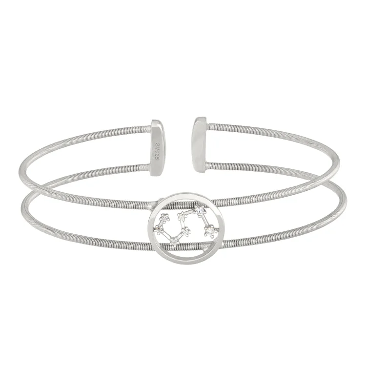 Ladies Bracelets with Clear Natrolite-Rhodium Finish Sterling Silver Cable Cuff Constellation Bracelet with Simulated Diamonds - Leo