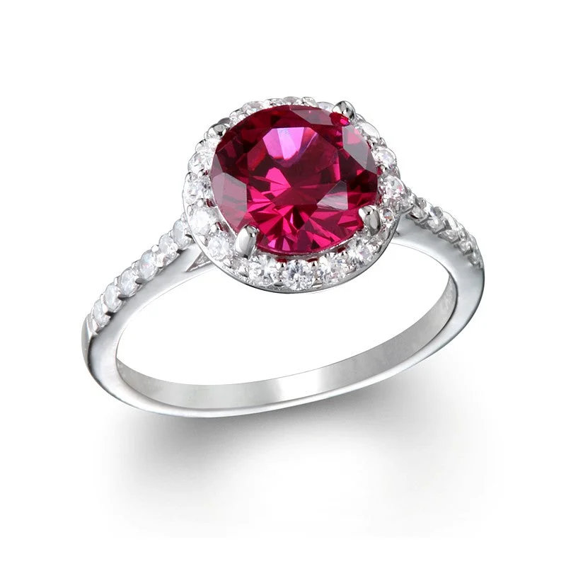 Ladies colorful gem rings -Sterling Silver Created Ruby Round & CZ Halo Ring