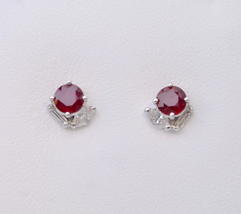 Ladies solar burst earrings -Ruby and Diamond Stud Earrings in 14K White Gold