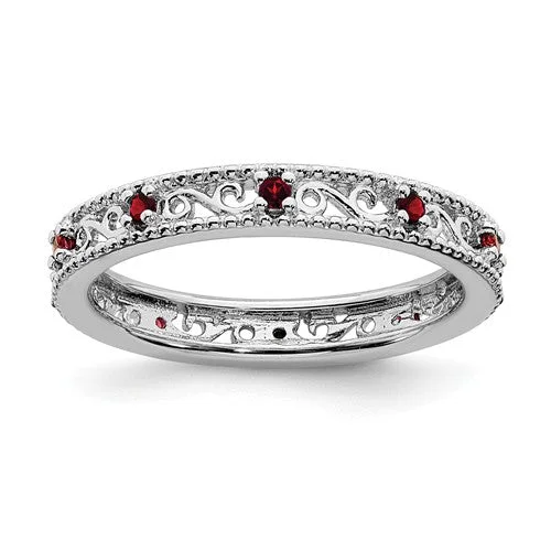 Ladies uplifting wave rings -Sterling Silver Stackable Expressions Garnet Filigree Ring