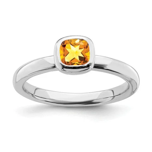 Ladies refined sleek rings -Sterling Silver Stackable Expressions Cushion Cut Citrine Ring