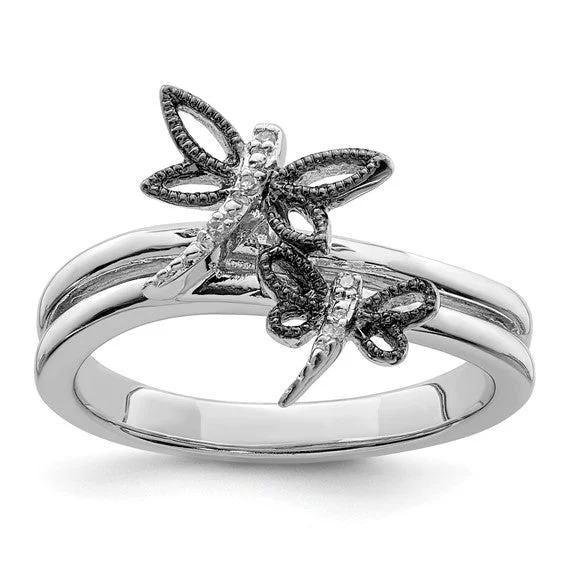 Ladies timeless vintage rings -Sterling Silver Diamond Double Dragonfly Ring