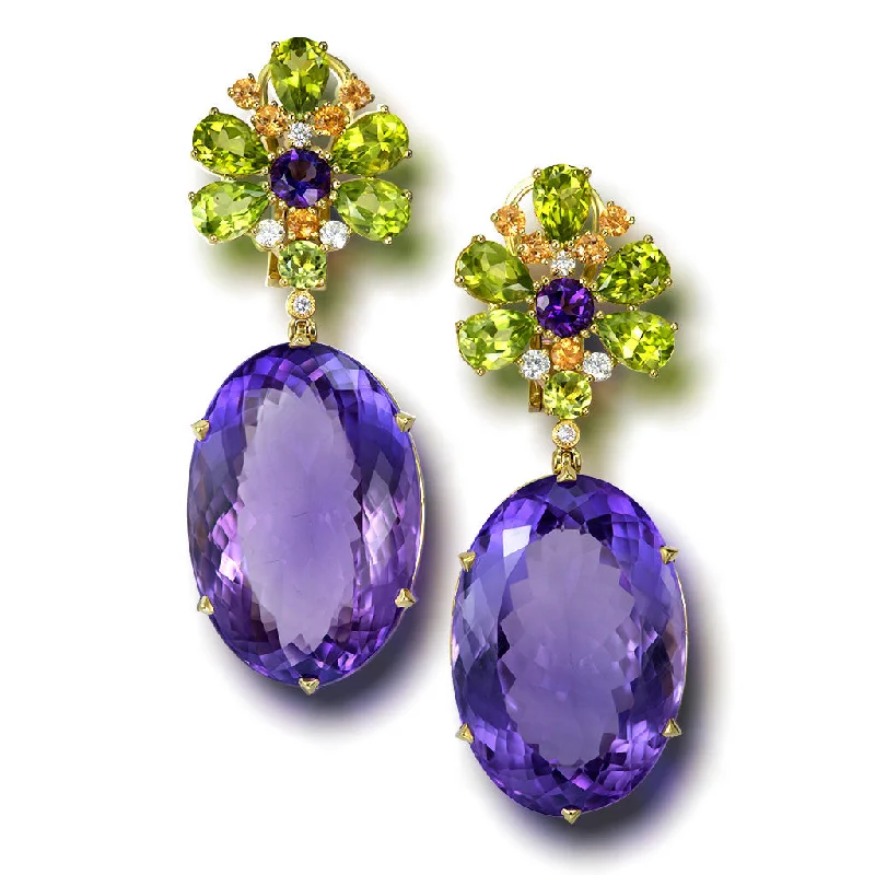 Ladies opulent gold earrings -Gold Blossom Drop Earrings with Oval Amethyst & Peridot