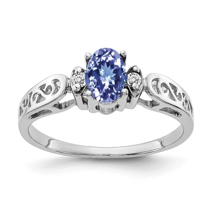 Ladies upscale gem rings -14k White Gold 6x4mm Oval Tanzanite and Diamond Filigree Side Ring