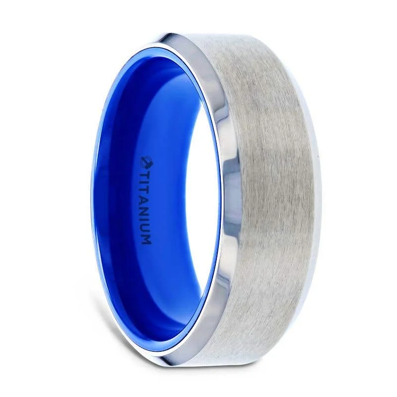 Ladies dragon breath rings -Thorsten ARCTIC Flat Beveled Edges Titanium Ring with Brushed Center and Vibrant Blue Inside - 8mm