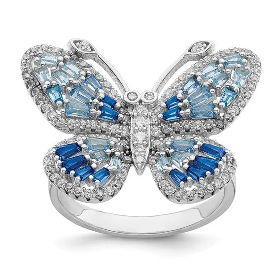 Ladies opulent gold rings -Sterling Silver Blue and White CZ Butterfly Ring