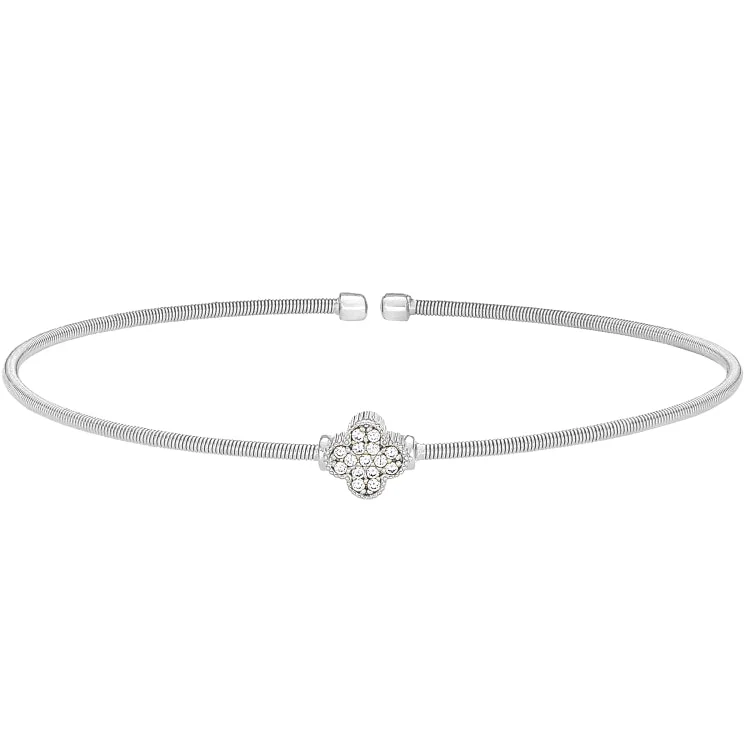 Ladies Bracelets for Night Spark-Rhodium Finish Sterling Silver Cable Cuff Bracelet with Simulated Diamond Clover Design