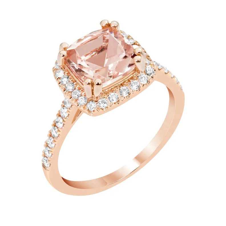 Ladies joyful burst rings -14k Rose Gold 8mm Princess Cushion Morganite & Diamond Halo Ring