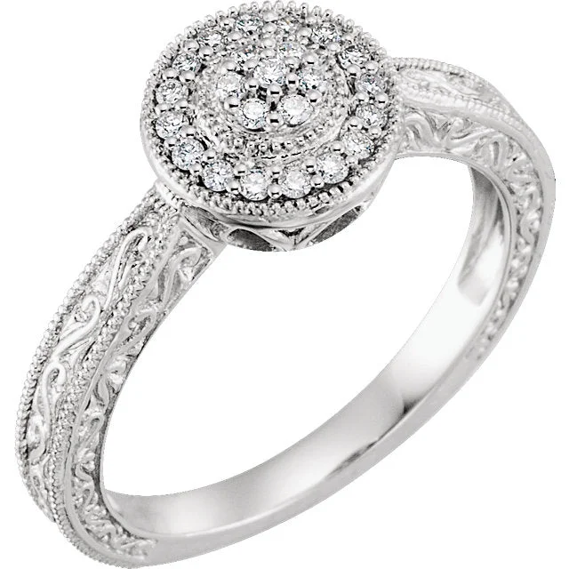 Ladies versatile fit rings -10K White Gold 1/6 CTW Diamond Multi Stone Halo Filigree Carved Promise Ring