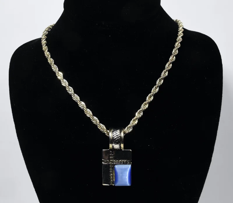 Ladies Necklaces for Explorer Glow-Heavy Sterling Silver Rope Chain Link Necklace with Silver Tone Simulated Kyanite Pendant - 24"