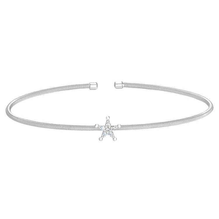 Ladies Bracelets Cuff Shine-Rhodium Finish Sterling Silver Cable Cuff Star Bracelet with Simulated Diamonds