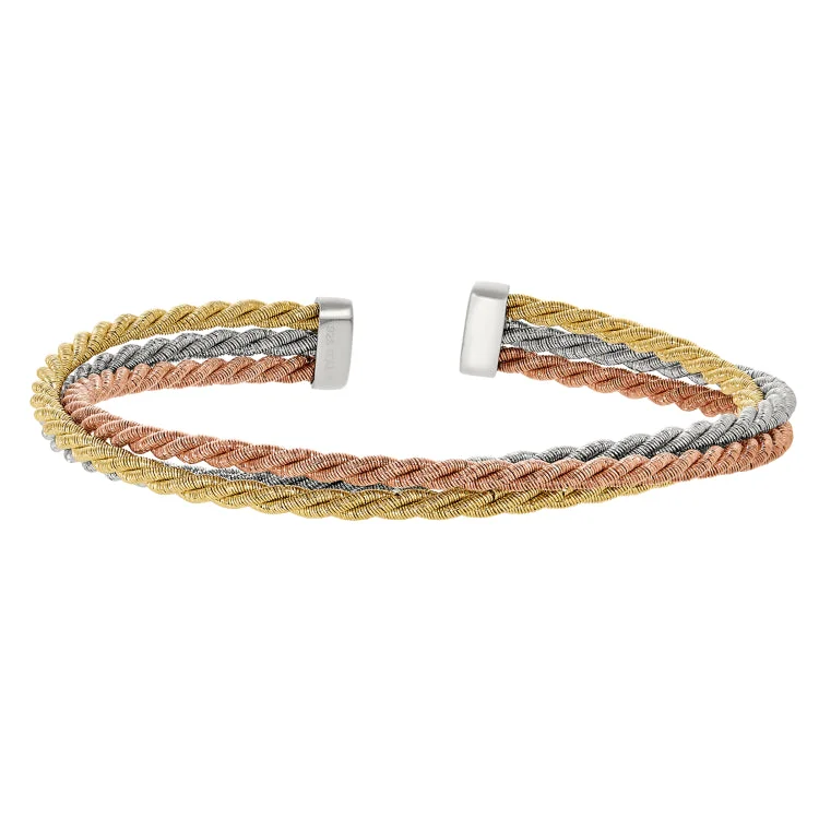 Ladies Bracelets with Heart Spark-Rhodium, Rose Gold and Gold Finish Sterling Silver Three Rope Twist Cuff Bracelet