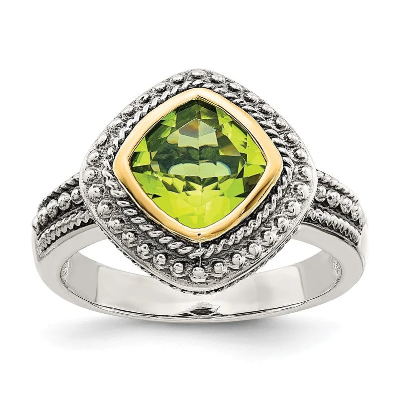 Ladies understated minimal rings -Shey Couture Sterling Silver w/ 14k Gold Accents 8mm Cushion Cut Peridot Ring