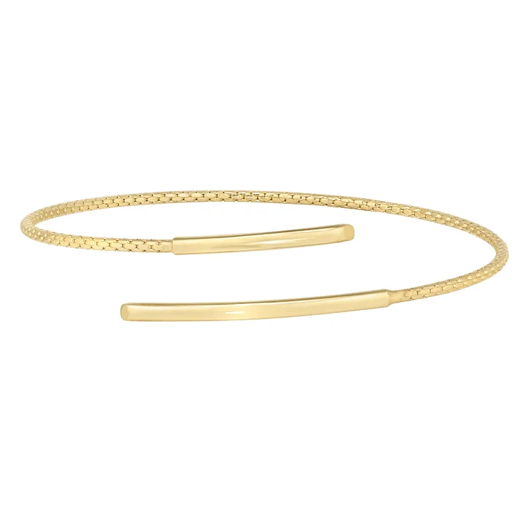 Ladies Bracelets for Party Spark-Gold Finish Sterling Silver Corean Cable Cuff Bracelet with a Polished Bar on Each End.