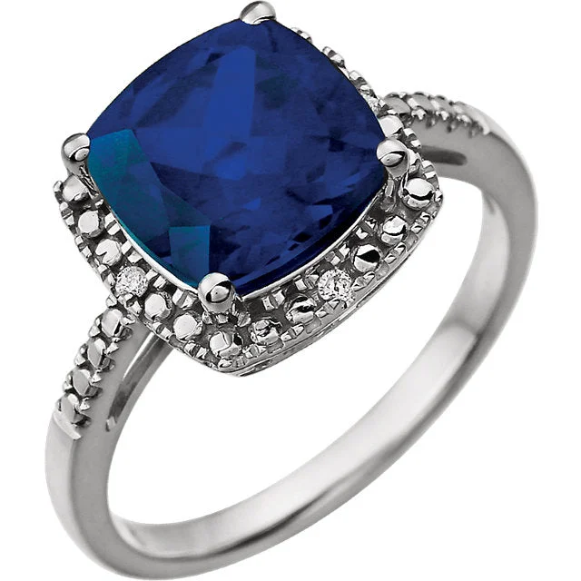 Ladies adventure spirit rings -14k White Gold 9mm Cushion Cut Created Blue Sapphire & Diamond Halo-Style Ring