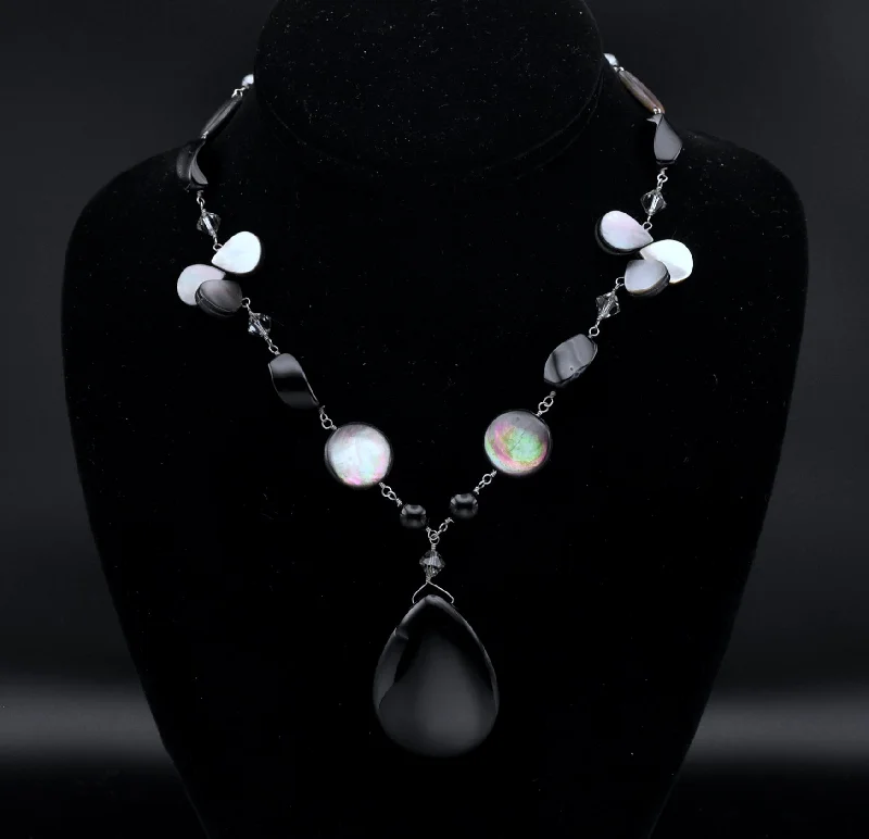 Ladies Necklaces with Green Aventurine-Vintage Black Onyx Pendant Sterling Silver Beaded Hematite and Mother of Pearl Necklace