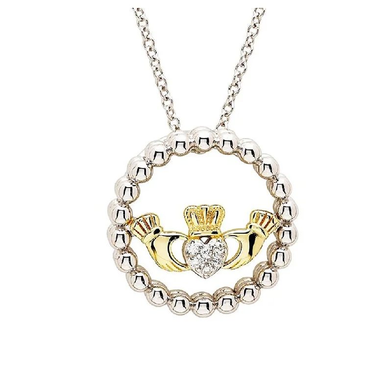 Ladies Necklaces for Founder Shine-Shanore : Sterlin Silver CZ Claddagh Necklace with Gold Plate