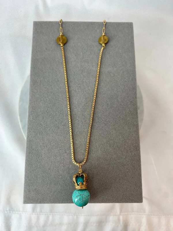 Ladies Necklaces Soft Glow-Necklace - Bronze St. Edward's Crown on Turquoise Box/Paperclip Chain