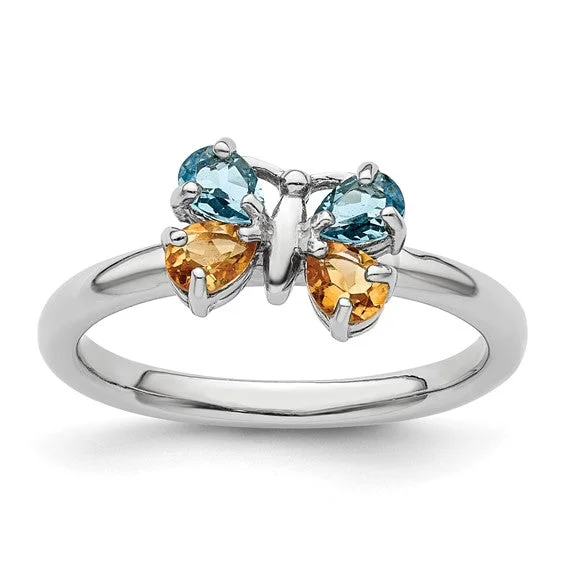 Ladies motivating spark rings -Sterling Silver Stackable Expressions Blue Topaz & Citrine Butterfly Ring