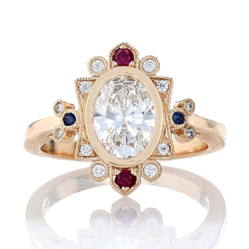 Baroque richness engagement rings -Vintage Ruby & Sapphire Halo Oval Diamond Engagement Ring