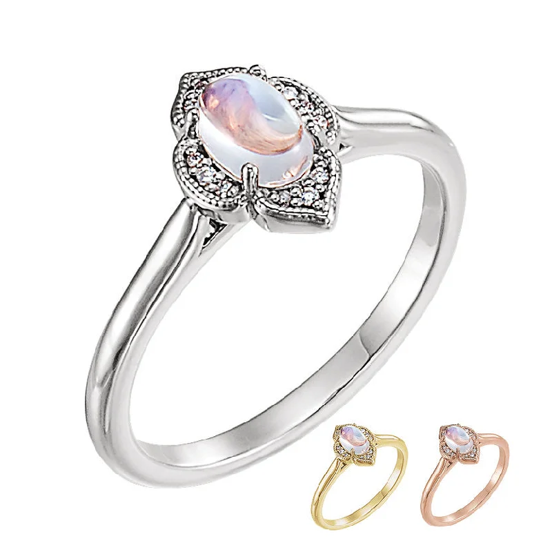 Ladies multicolored prism rings -14k Gold Rainbow Moonstone and .03 CTW Diamond Clover Ring