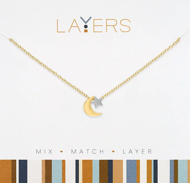 Ladies Necklaces with Wave Shine-Gold Two-Tone Moon & Star Layers Necklace