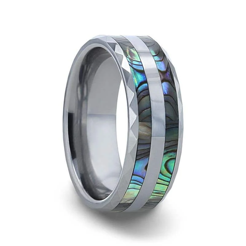 Ladies tranquil jade rings -Thorsten PAUA Double Abalone Shell Inlay Faceted Tungsten Ring With Beveled Polished Edges - 8mm