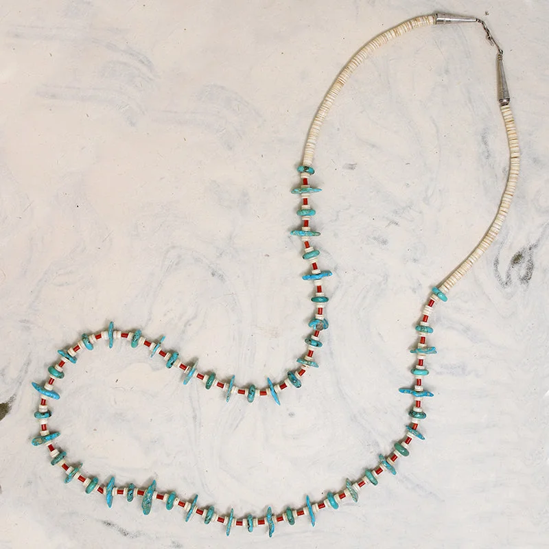 Ladies Necklaces with Rainbow Fluorite-Turquoise Tabs, Coral Tubes & Shell Heishi Bead Necklace