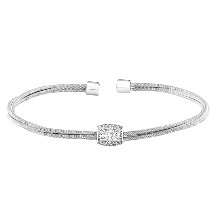 Ladies Bracelets for Travel Shine-Rhodium Finish Sterling Silver Three Cable Cuff Bracelet with Five Row Simulated Diamond Barrel