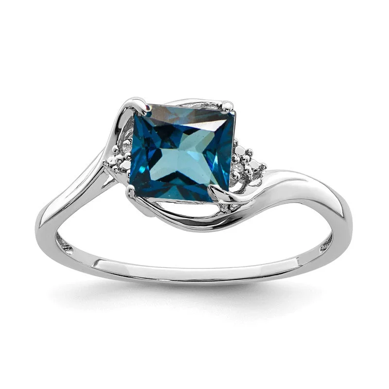 Ladies glamorous party rings -Sterling Silver Diamond & London Blue Topaz Princess Cut Ring