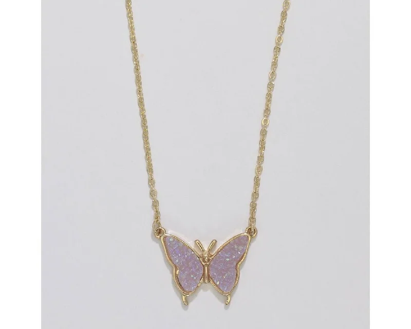 Ladies Necklaces with Cross Glow-Periwinkle by Barlow : Gold Butterflies with Lavender Druzy Wings - Necklace