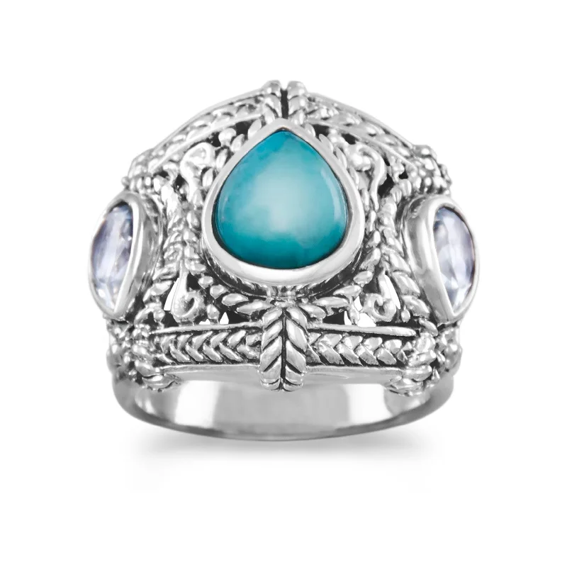 Ladies steampunk gear rings -Sterling Silver Blue Topaz and Turquoise Ring