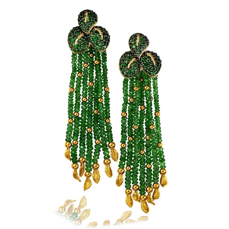 Ladies blooming floral earrings -Gold Sunflower Leaf Tassel Earrings with Tsavorites