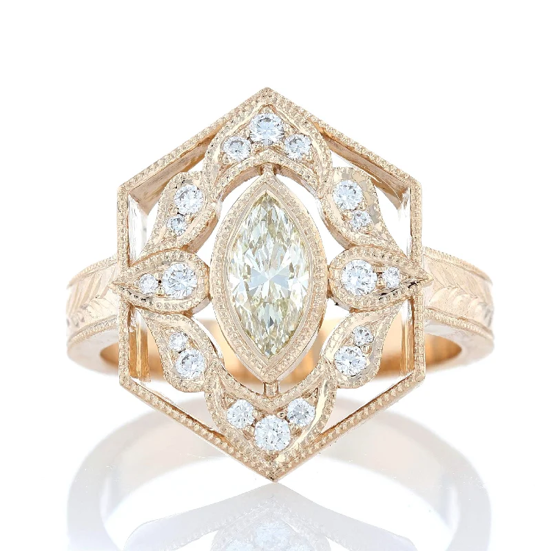 Low profile engagement rings -Engraved Filigree Milgrain Marquise Diamond Engagement Ring