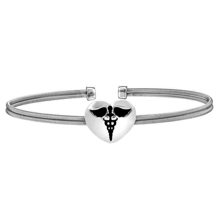 Ladies Bracelets with Striped Agate-Rhodium Finish Sterling Silver Two Cable Cuff Bracelet with a Centeral Heart with a Caduceus.