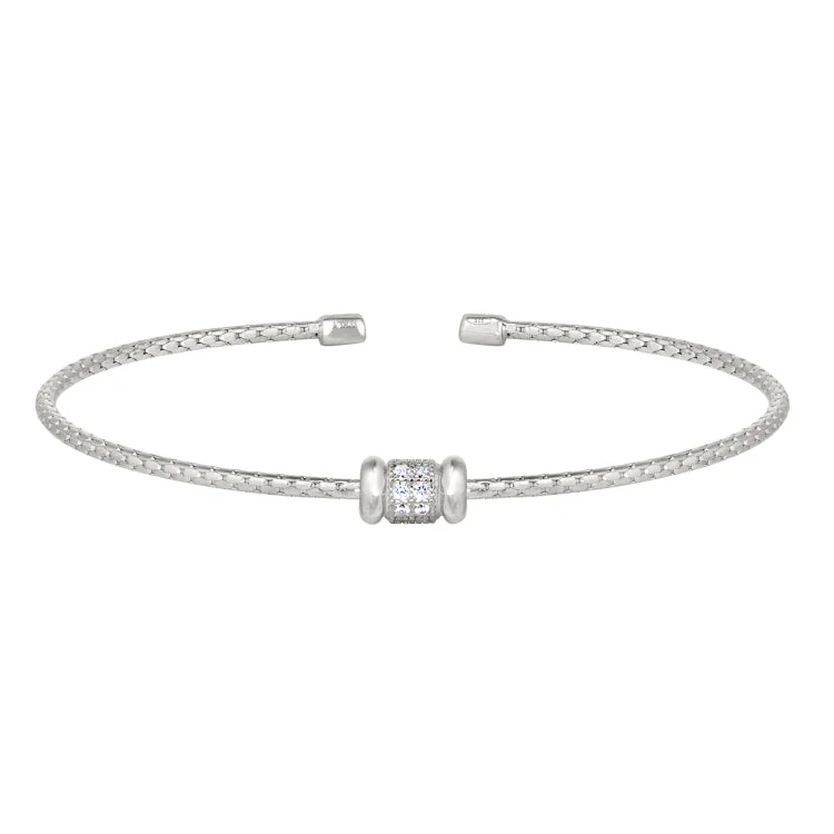 Ladies Bracelets for Dream Spark-Rhodium Finish Sterling Silver Corean Cable Cuff Bracelet with a Barrell with Simulated Diamonds